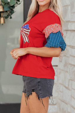 Fiery Red Patriotic Sequin Bow Contrast Puff Sleeve Blouse