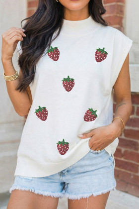 White Sequin Strawberry Graphic Mock Neck Short Sleeve Top