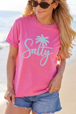 Rose Red Salty Palm Tree Printed Beach Vacation Casual T Shirt