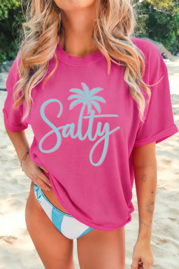 Rose Red Salty Palm Tree Printed Beach Vacation Casual T Shirt