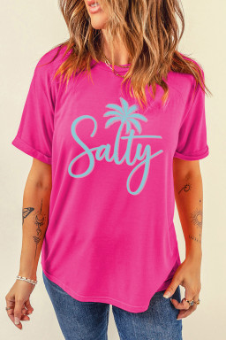 Rose Red Salty Palm Tree Printed Beach Vacation Casual T Shirt