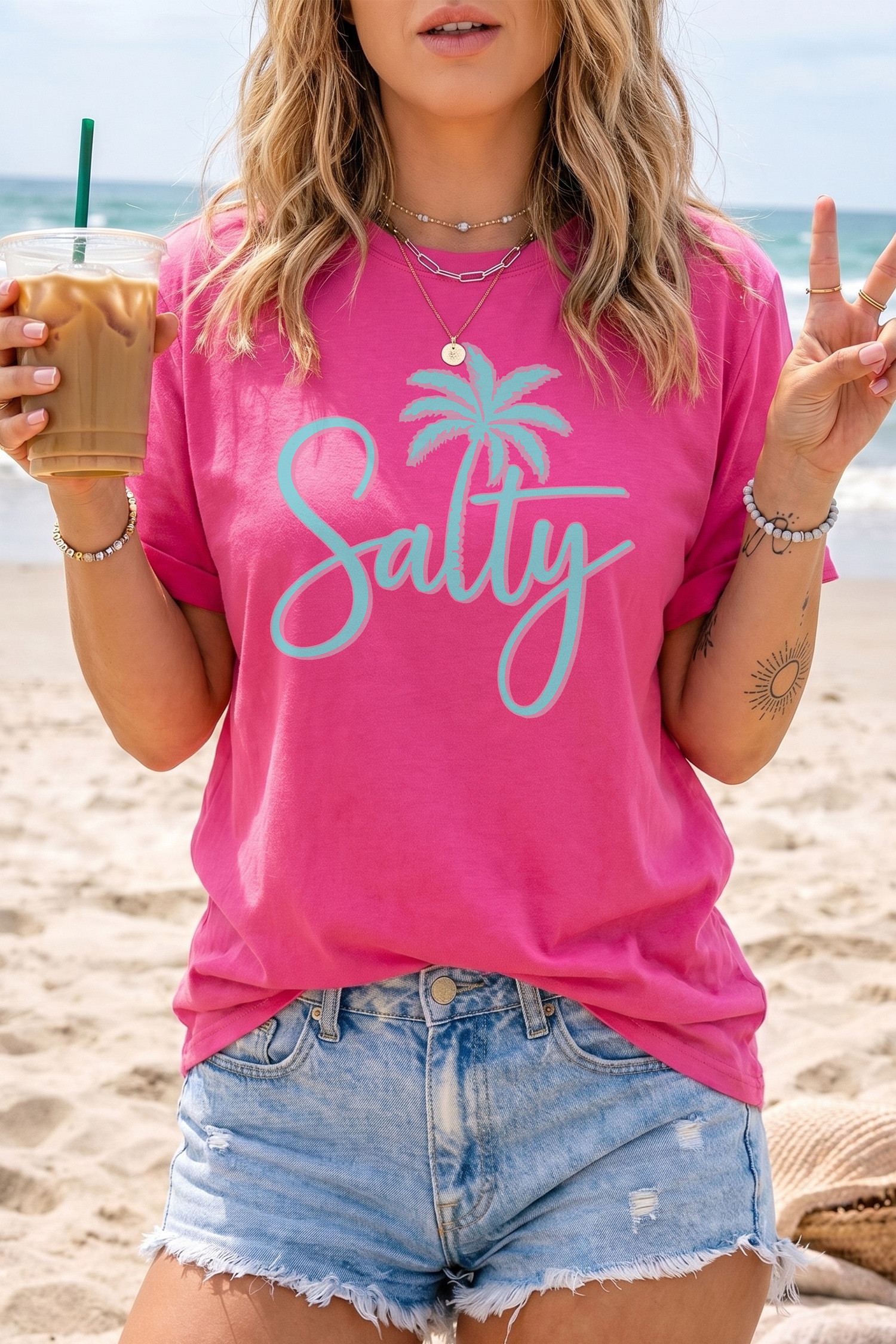 Rose Red Salty Palm Tree Printed Beach Vacation Casual T Shirt