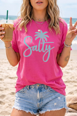 Rose Red Salty Palm Tree Printed Beach Vacation Casual T Shirt