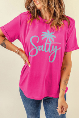 Rose Red Salty Palm Tree Printed Beach Vacation Casual T Shirt