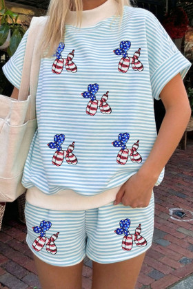 Sky Blue Stripe Patriotic Sequin Balloon Dog Relaxed 2pcs Short Set