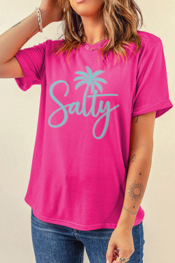 Rose Red Salty Palm Tree Printed Beach Vacation Casual T Shirt