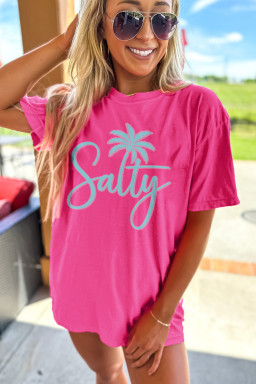 Rose Red Salty Palm Tree Printed Beach Vacation Casual T Shirt
