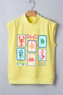 Yellow Playful Sea Stamps Printed Mock Neck Short Sleeve Top