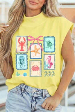 Yellow Playful Sea Stamps Printed Mock Neck Short Sleeve Top