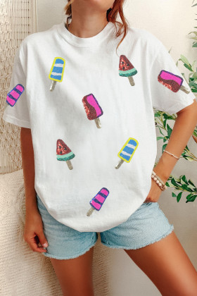 White Sequin Popsicle Graphic Casual T Shirt