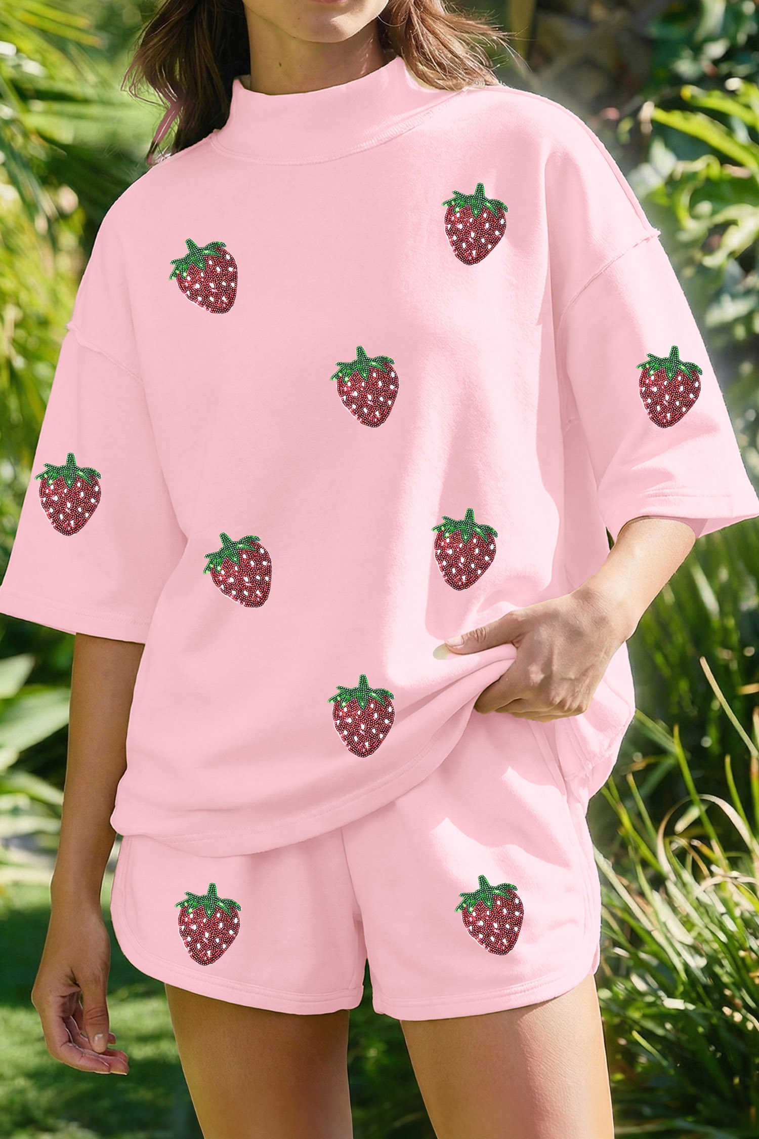 Light Pink Sequin Strawberry Oversized Tee Casual Shorts 2pcs Set