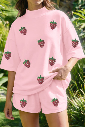 Light Pink Sequin Strawberry Oversized Tee Casual Shorts 2pcs Set
