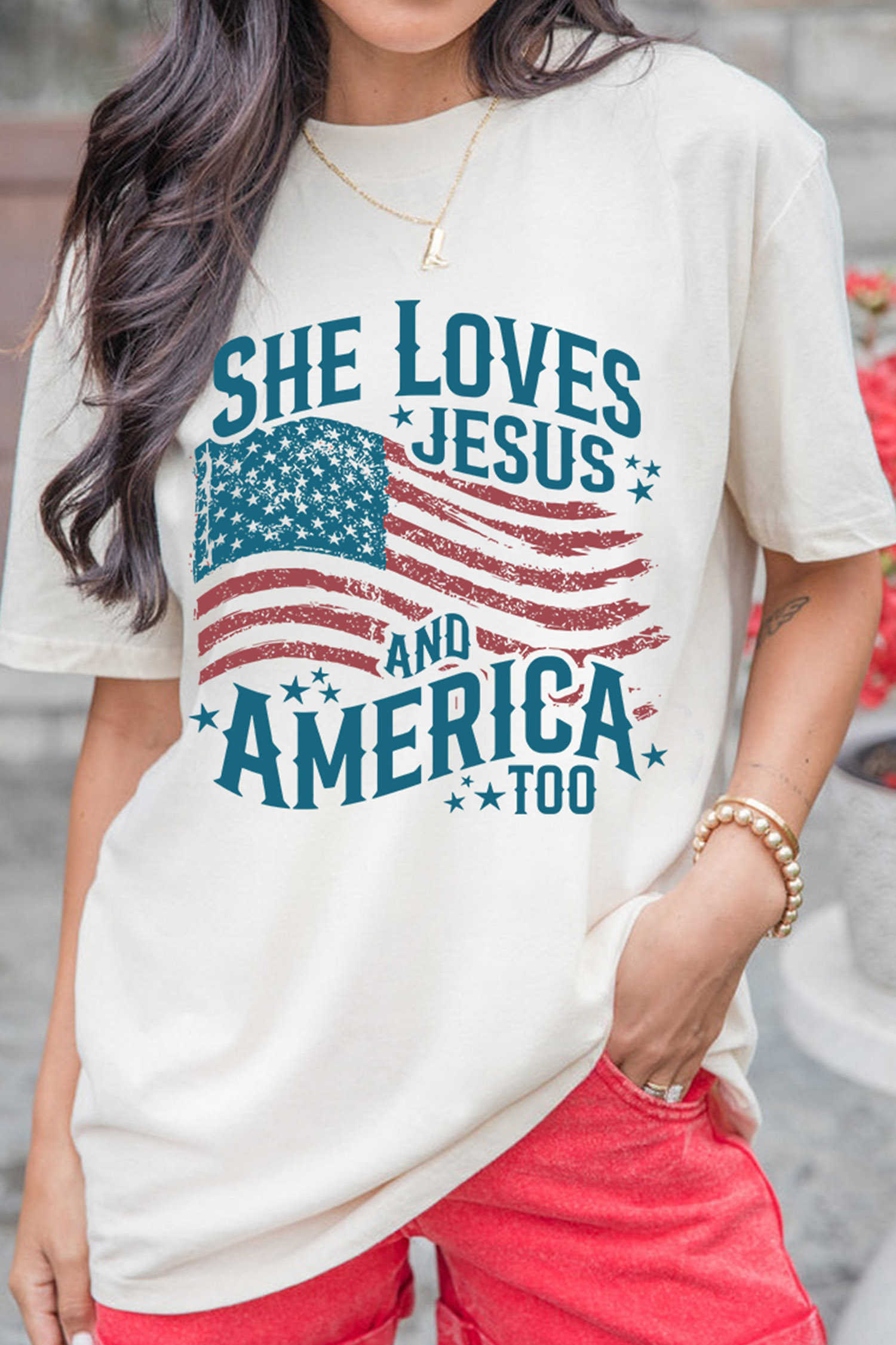 White She Loves Jesus and America Flag Graphic Tee