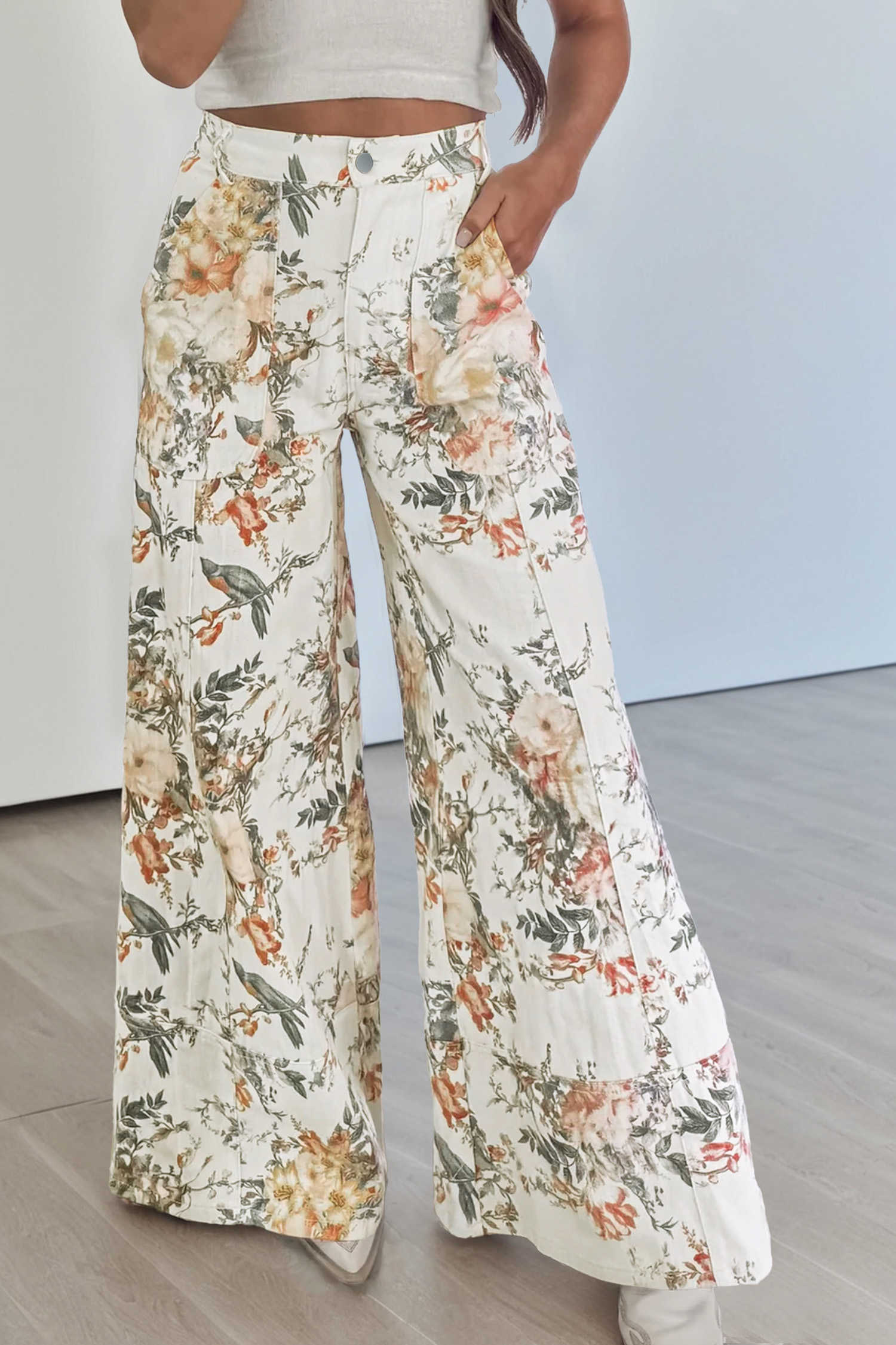 Beige Vintage Style Floral Print High Waist Wide Leg Jeans