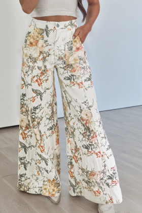 Beige Vintage Style Floral Print High Waist Wide Leg Jeans