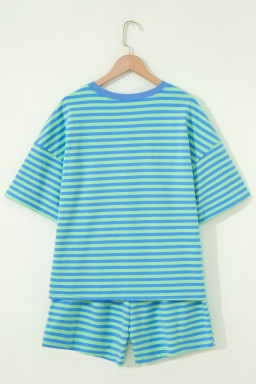 Green Stripe Striped Ribbed Cotton Two-Piece Pant Set with Chest Patch Detail