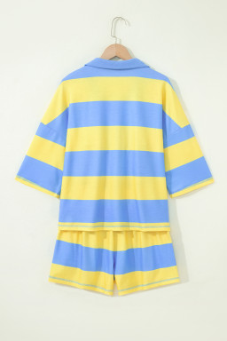 Yellow Stripe Half Zipper Placket Bracelet Sleeve Top Casual Shorts Set