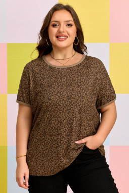 Khaki Plus Size Leopard Print Ribbed Trim Round Neck Tee