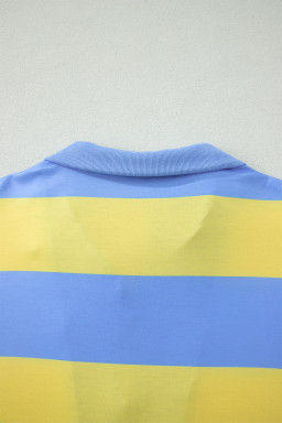 Yellow Stripe Half Zipper Placket Bracelet Sleeve Top Casual Shorts Set