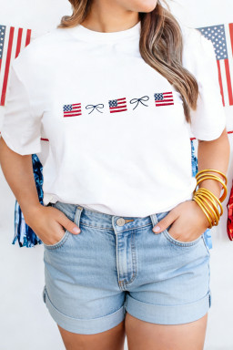 White Embroidered Flag Bow Short Sleeve Casual T-Shirt