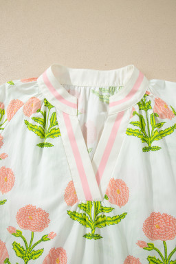 Pink Plus Size Floral Print Striped Trim V Neck Blouse