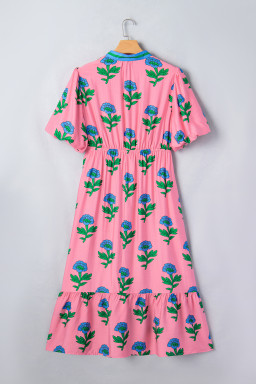 Pink Plus Size Striped V Neck Ruffled Floral Long Dress