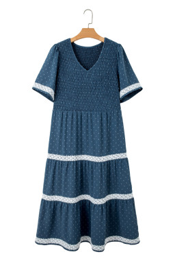 Dusk Blue Plus Size V Neck Swiss Dot Lace Patchwork Detail Flared Midi Dress