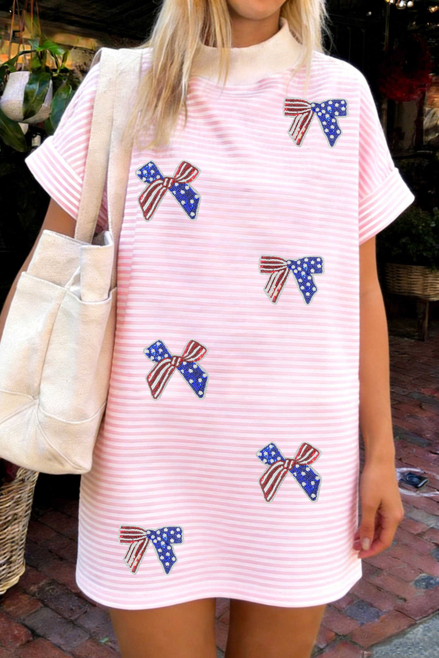 Pink Stripe Patriotic Sequin Bow Mock Neck T Shirt Shift Dress