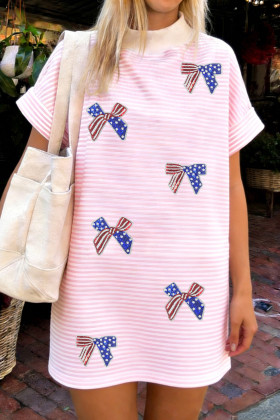 Pink Stripe Patriotic Sequin Bow Mock Neck T Shirt Shift Dress