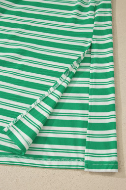Green Stripe Collared V Neck Short Sleeve T Shirt Midi Dress with Pockets