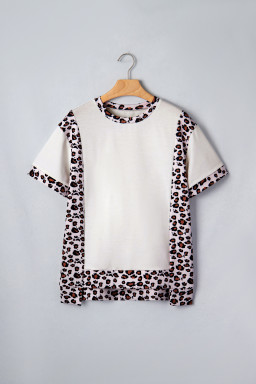 White Ribbed Leopard Patchwork Uneven Hem T Shirt