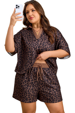 Brown Plus Size Leopard Short Set