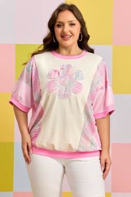 Beige Plus Size Floral Patchwork Short Sleeve Patch Embroidery Cotton T Shirt