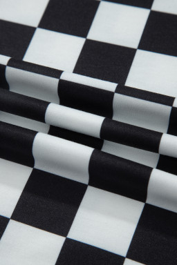 Black Checkered Print Color Block Trim Mock Neck Short Set
