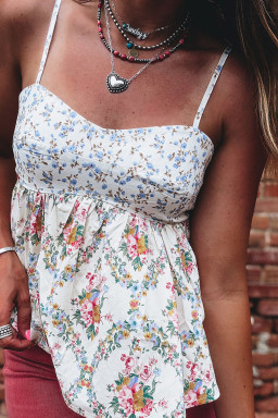 White Contrast Floral Printed Patchwork Spaghetti Straps Babydoll Top