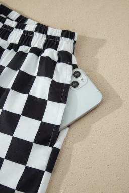 Black Checkered Print Color Block Trim Mock Neck Short Set