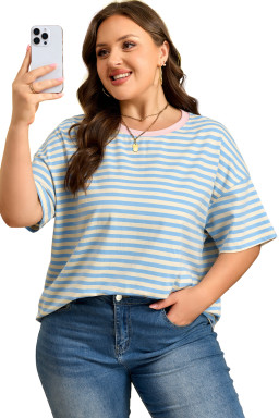 Sky Blue Stripe Plus Size Drop Shoulder Contrast Trim Round Neck Tee