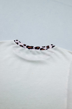 White Ribbed Leopard Patchwork Uneven Hem T Shirt