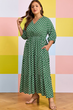 Green Plus Size Geometric Print Pocketed Ruffle Hem Casual Dress