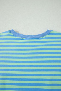 Green Stripe Striped Ribbed Cotton Two-Piece Pant Set with Chest Patch Detail