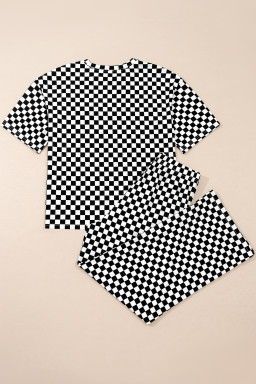 Black Checkered Print Half Sleeve Tee 2pcs Lounge Pant Set