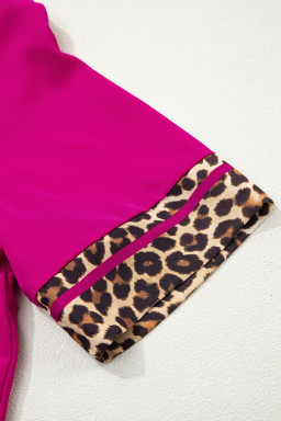Violet Leopard Patchwork Trim Split Neck Short Sleeve Blouse