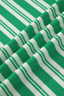Green Stripe Collared V Neck Short Sleeve T Shirt Midi Dress with Pockets