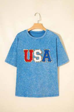Blue USA Chenille Patch Graphic Retro Washed Cotton T Shirt