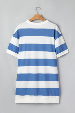 Blue Stripe Raw Seam Shoulder Detail Casual Tee Dress