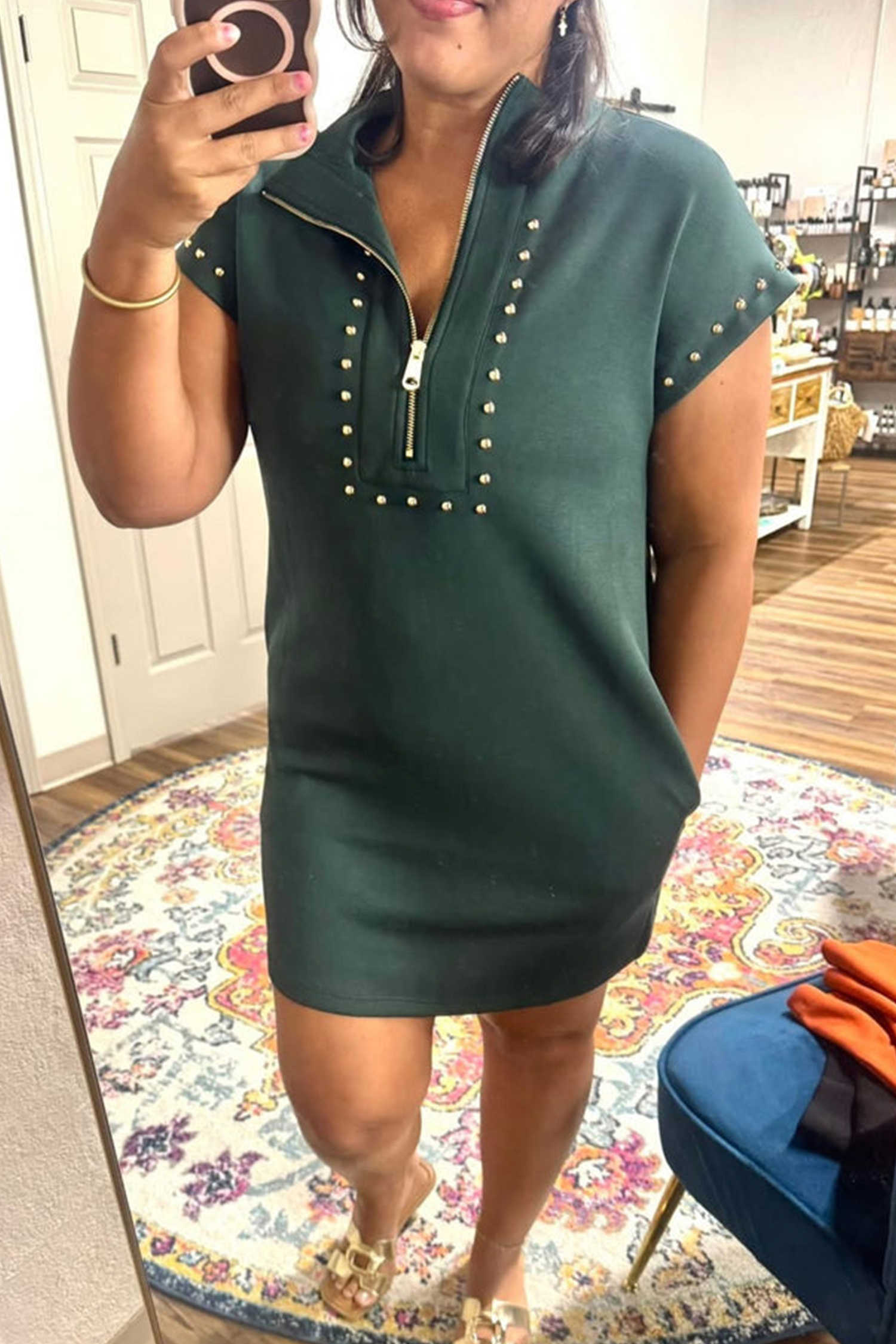 Evergreen Plus Size Glow Studded Zip up T Shirt Dress with Pockets
