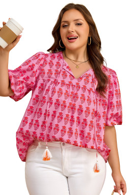 Pink Plus Size Floral Print Tassel Tie Puff Sleeve Cotton Blouse