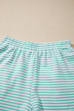 Green Stripe Cuffed Sleeve Contrast Mock Neck Tee Casual 2pcs Short Set