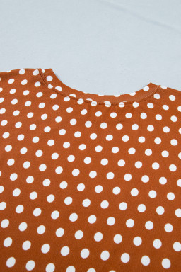 Brown Polka Dot Print Dropped Shoulder Tee Plus Size Short Set