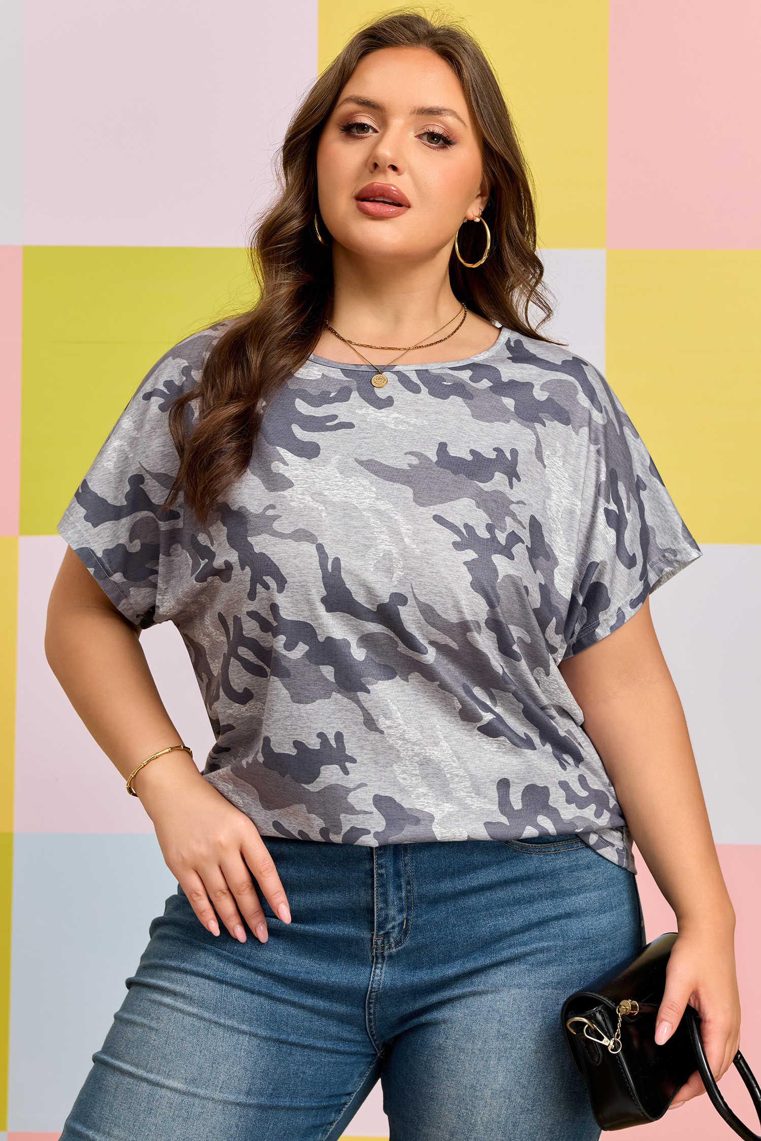 Gray Plus Size Camo Print Casual T Shirt
